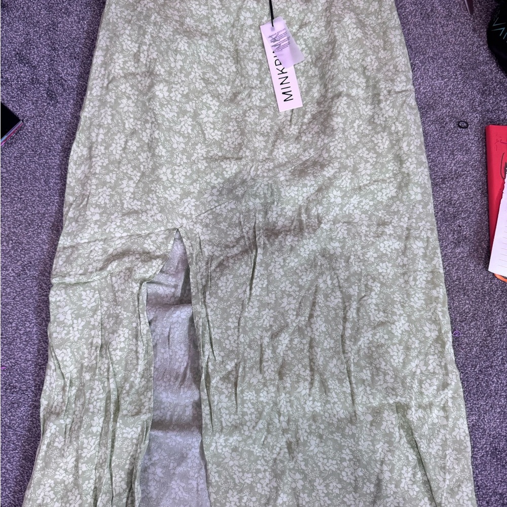 MINKPINK Sage Green Floral Slip Skirt with Front Slit